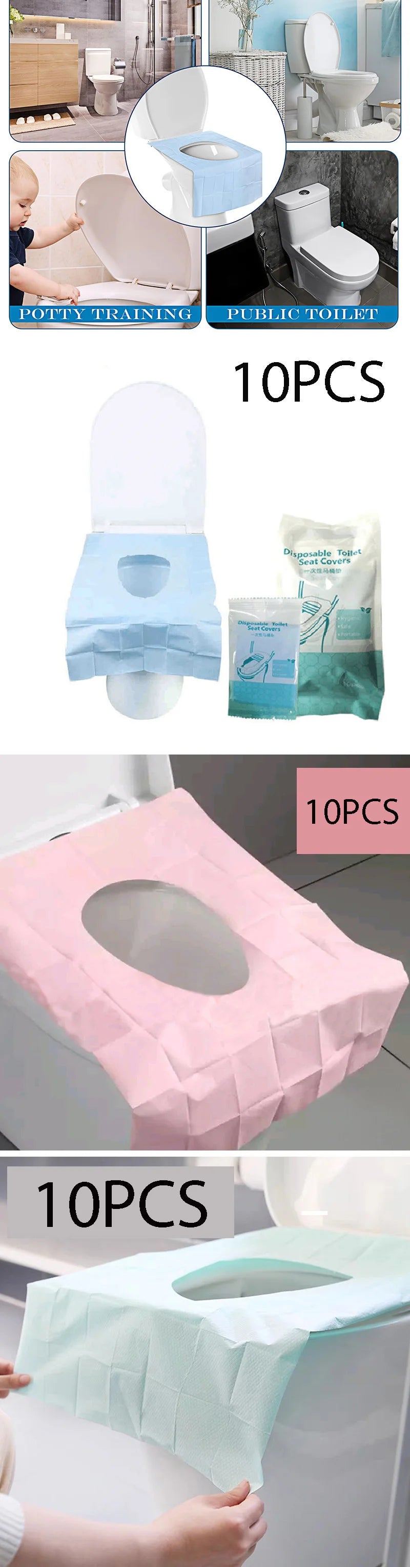 Various disposable toilet seat covers in light blue and pink colors for potty training