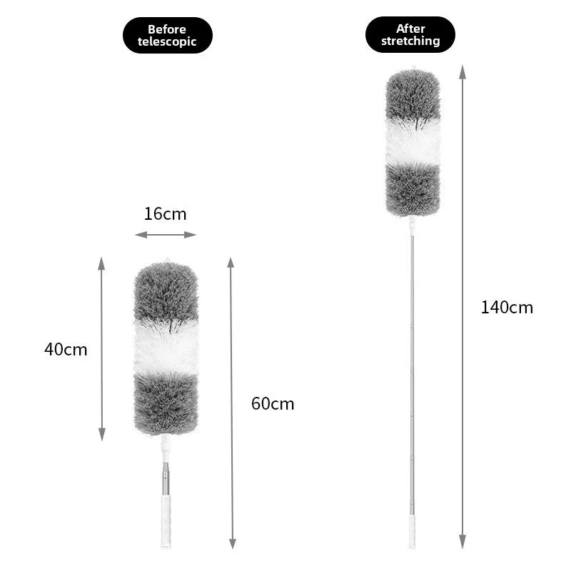 Comparison of an extendable microfiber duster before and after stretching, showing different lengths.