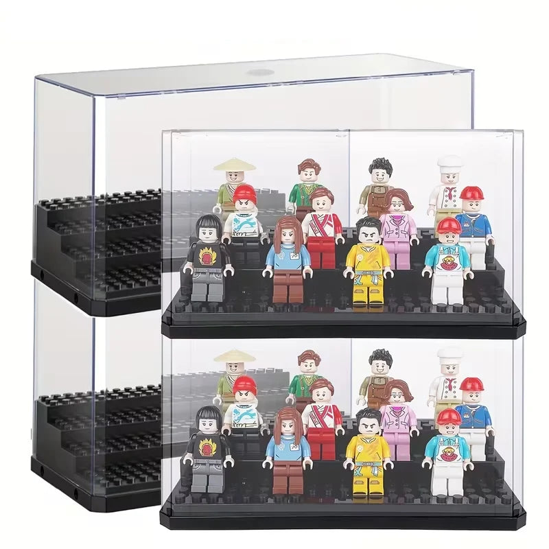 A clear dustproof display case for collectibles featuring numerous minifigures and accessories.