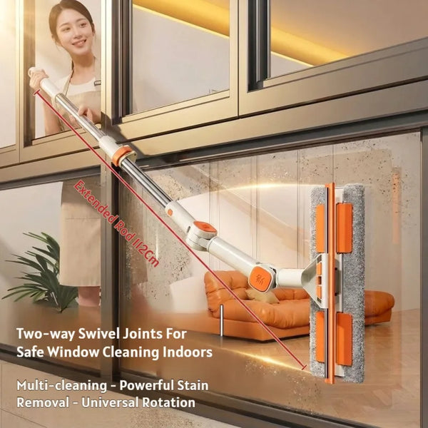 A silver two-way swivel joint tool is shown cleaning the interior of a glass cabinet window.