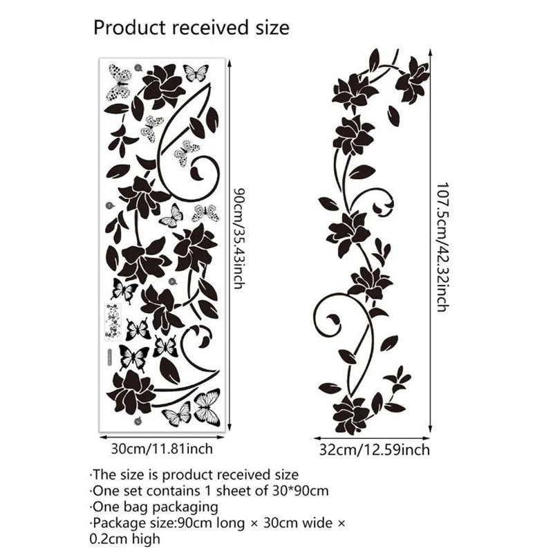 A set of decorative flower butterfly wall stickers for bathroom and bedroom, showing the product size and packaging details.