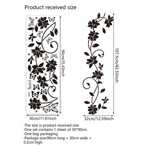 A set of decorative flower butterfly wall stickers for bathroom and bedroom, showing the product size and packaging details.