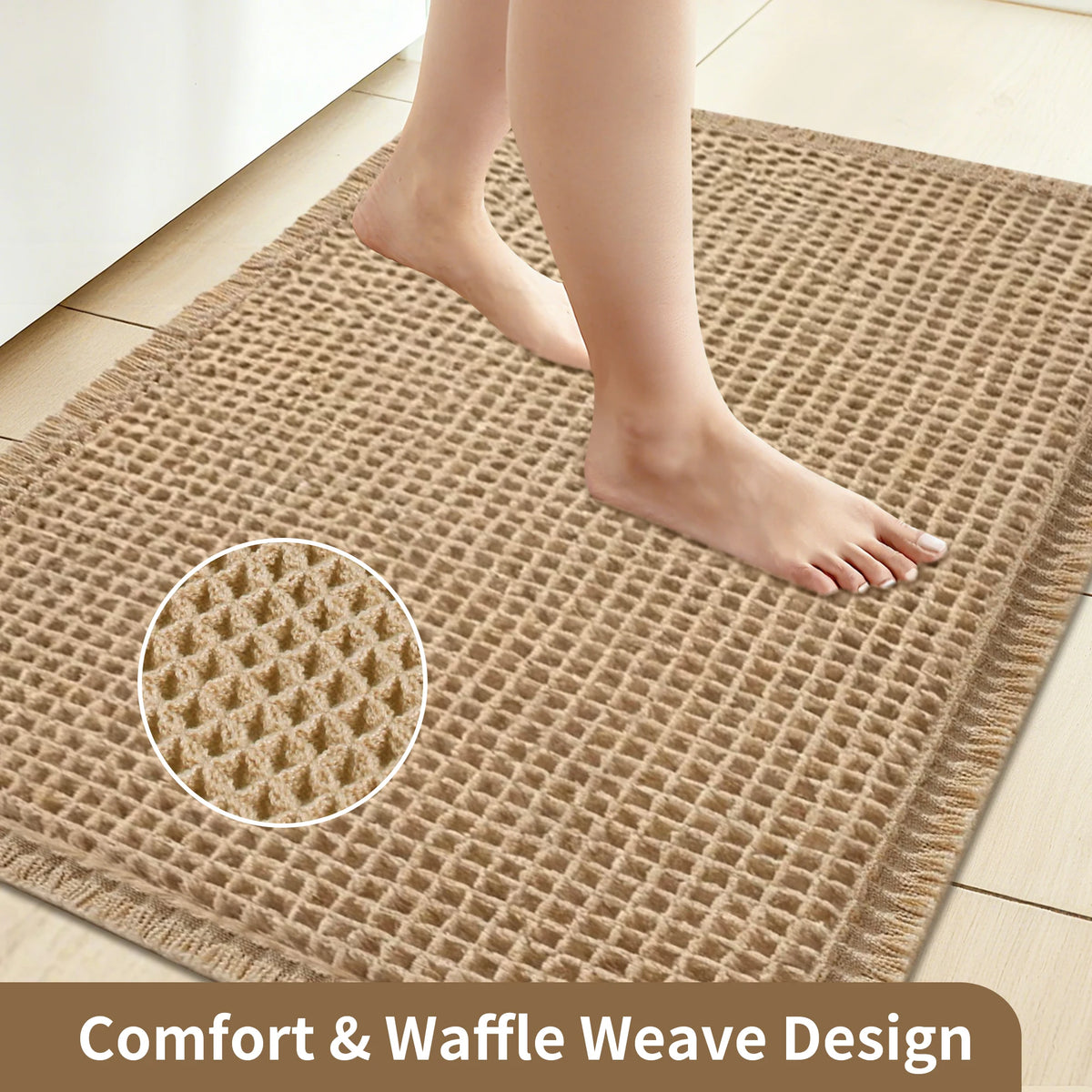 A beige waffle weave bathroom rug with a circular pattern is shown under bare feet.