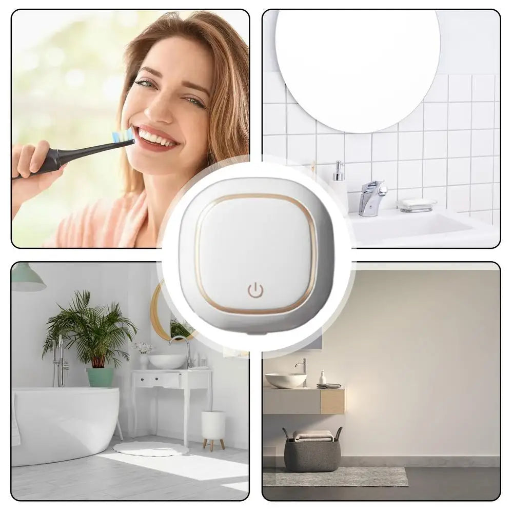 A portable UV electric toothbrush cleaner device shown in various contexts including a woman using it and placement on a bath