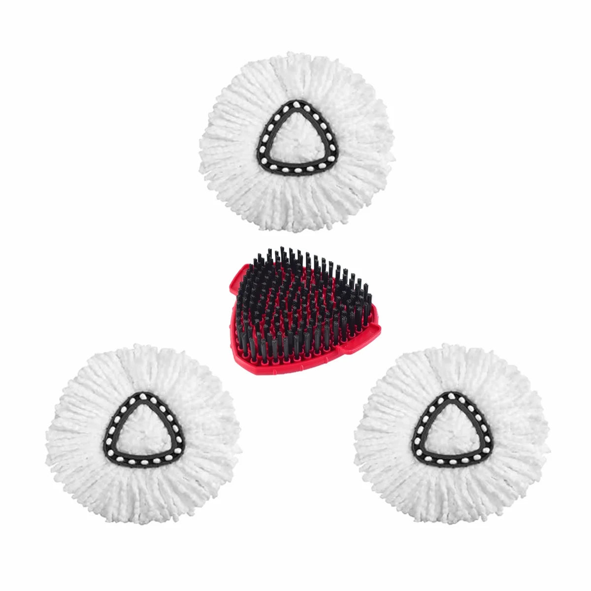 Three replacement mop heads for O-Cedar and Vileda systems, featuring white fibers with black triangular accents.