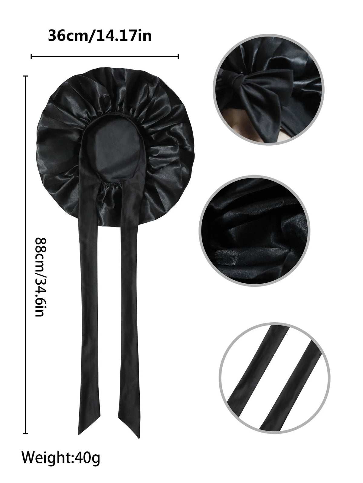 Black silky satin sleep bonnet with a wide ruffle and long ties