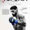 A muscular male fighter wearing blue gloves and red shorts is shown in a dynamic pose for a Topuria canvas art print.