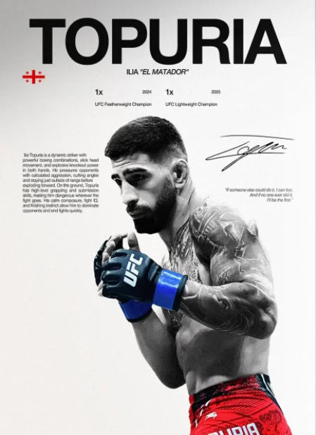 A muscular male fighter wearing blue gloves and red shorts is shown in a dynamic pose for a Topuria canvas art print.
