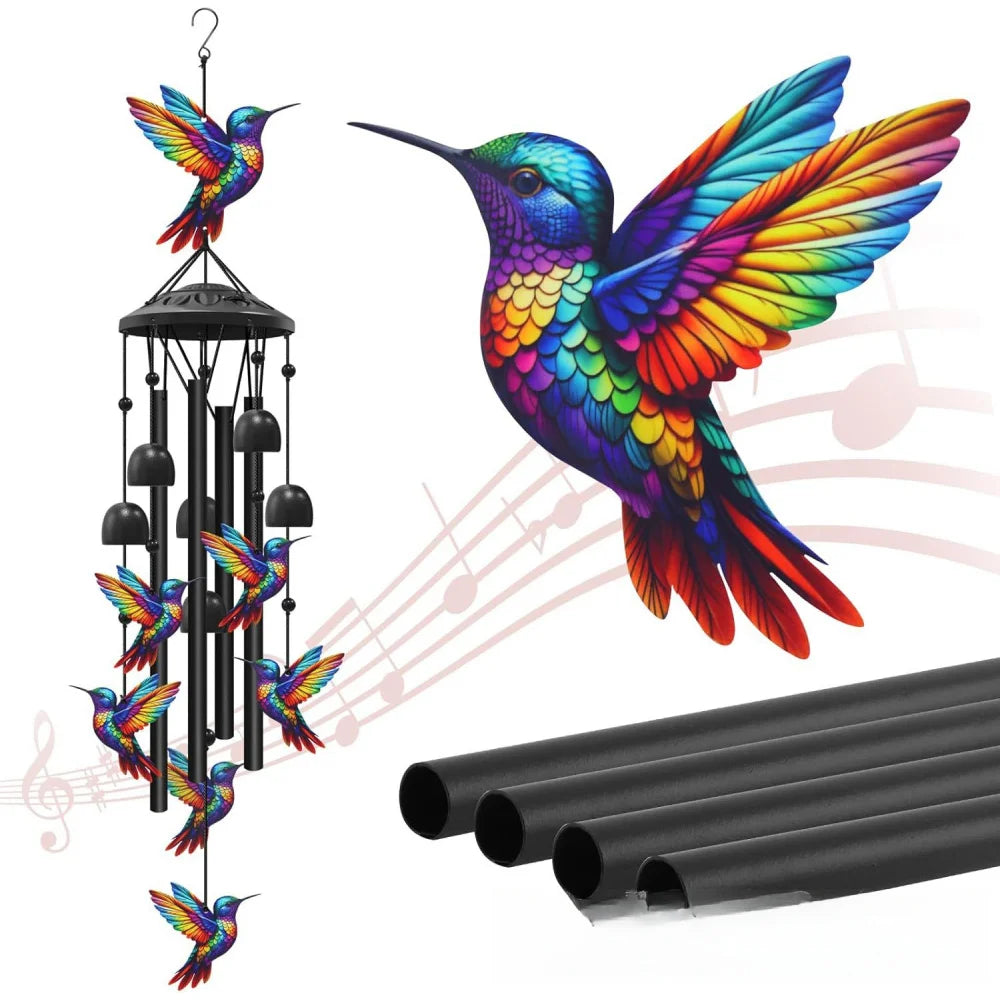 A vibrant, iridescent hummingbird wind chime decoration with colorful wings hanging from a metal rod.