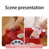 A red retro phone money jar is shown with coins and paper money inside, suitable for deposit.