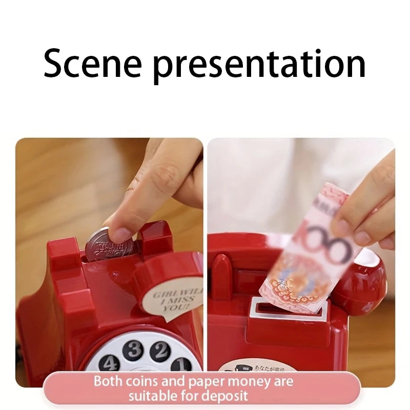 A red retro phone money jar is shown with coins and paper money inside, suitable for deposit.