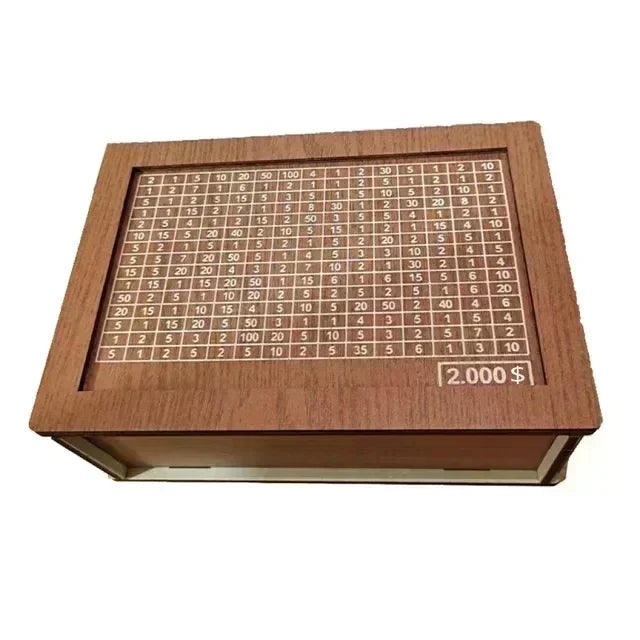 A wooden piggy bank with numbered slots for saving goals and a $2,000 coin.