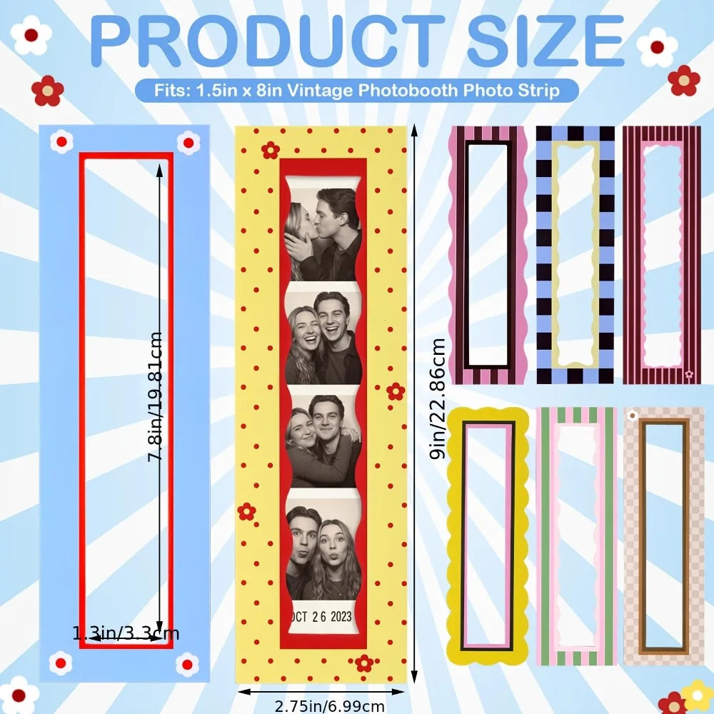 A set of magnetic photo strips and frames in various sizes and colors for a photo booth display