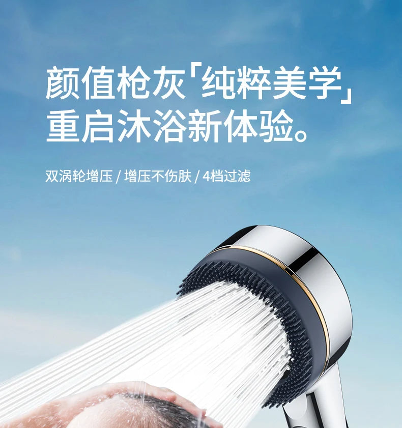 A hand is holding a silver shower head emitting a strong stream of water, demonstrating the filtered high-pressure shower exp
