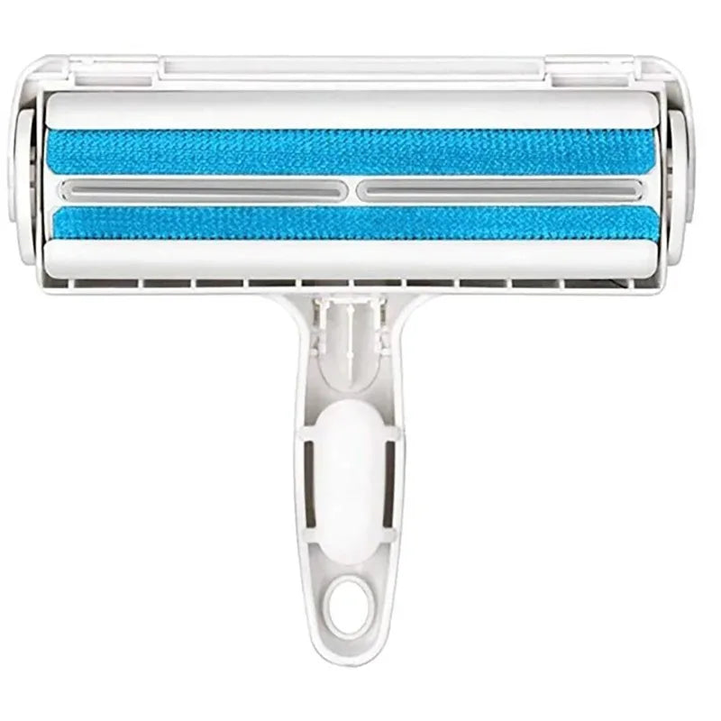 A white manual pet hair remover roller with blue bristles and a plastic handle.