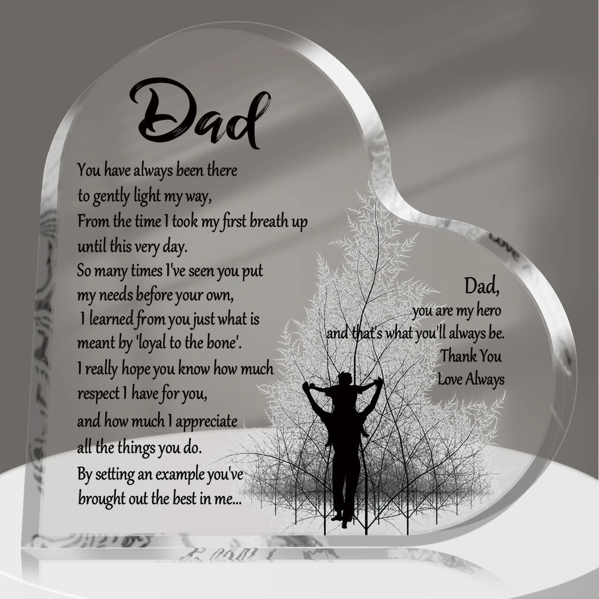 A heart-shaped acrylic keepsake plaque with handwritten text dedicated to a father.