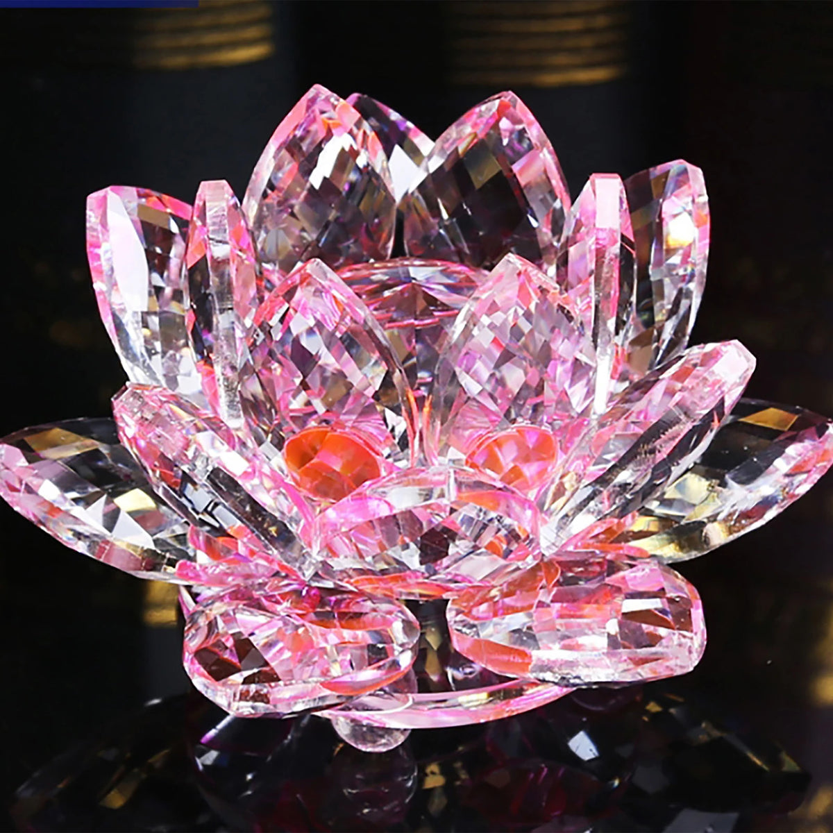 Pink crystal lotus flower tabletop decor with multiple layers of faceted stones