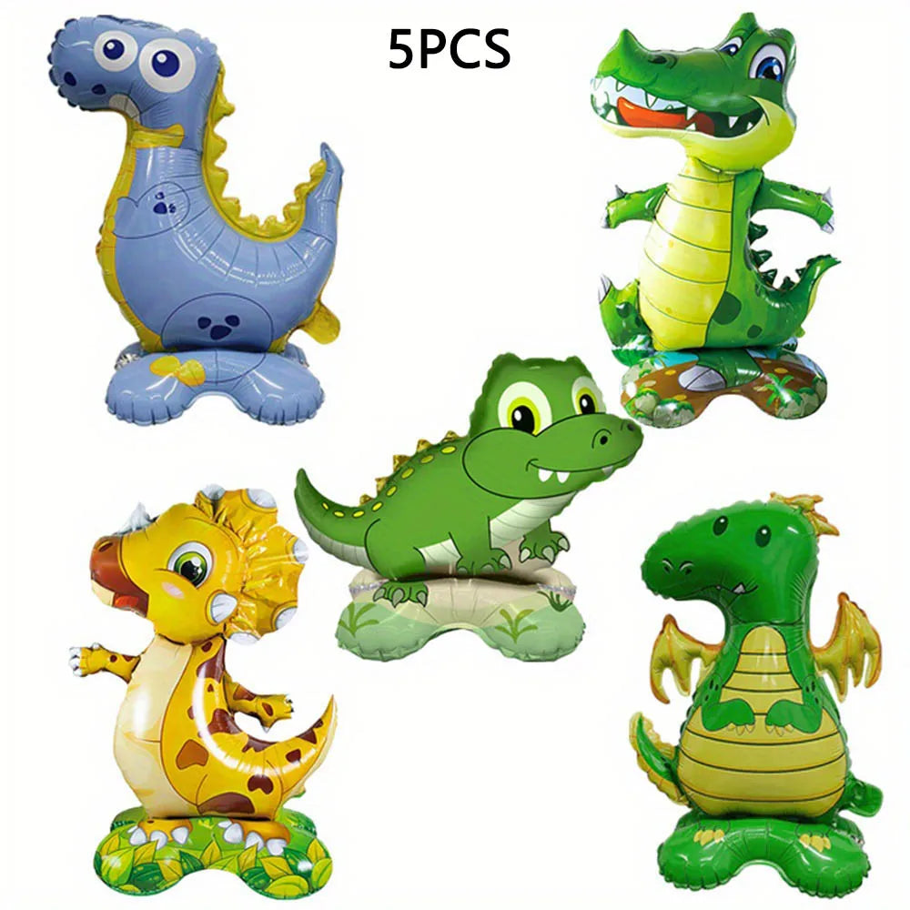 Five foil balloons shaped like dinosaurs in various colors and styles for parties