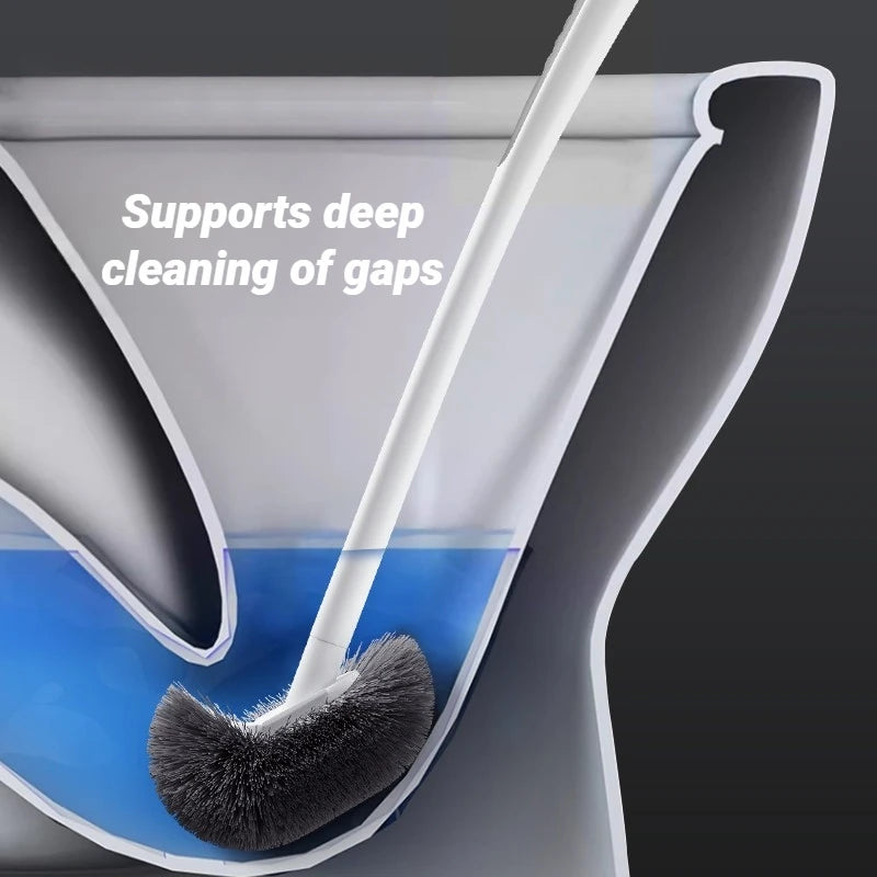 A wall-mounted toilet brush with an ergonomic long handle is shown cleaning deep gaps in a toilet bowl.