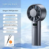 A black ice compress fan is shown standing on a surface, with features like a long battery life and multiple wind speed level