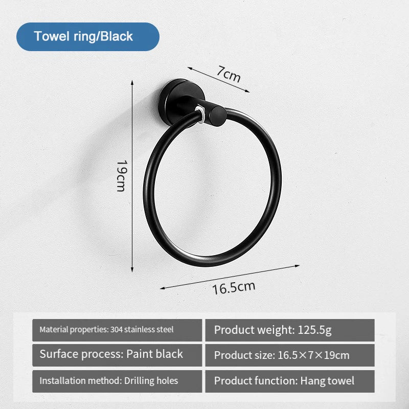 Black towel ring with a 7cm diameter and 19cm length, designed for hanging towels.