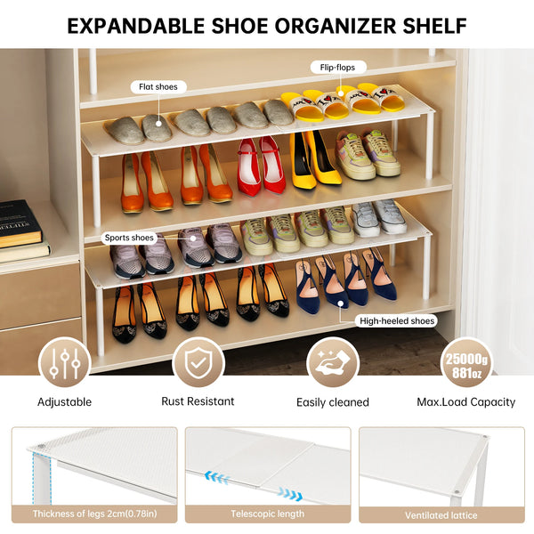 An expandable shoe organizer shelf with multiple tiers for storing various types of shoes like flats, flip-flops, and sports 