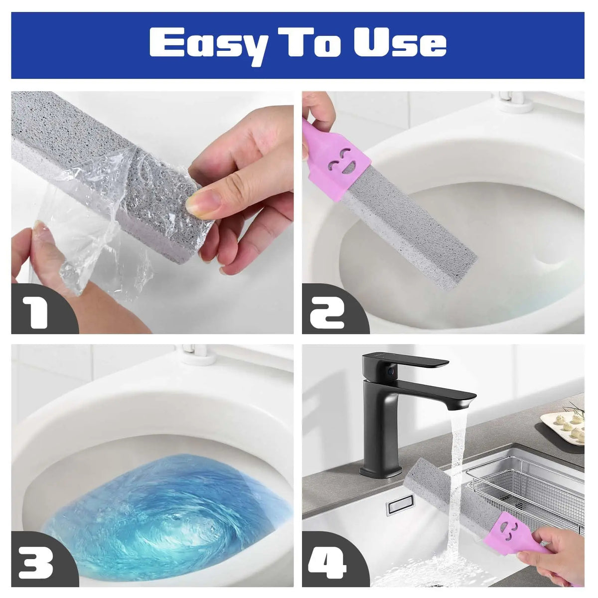 A four-panel image showing a heavy duty pumice cleaning scrubber stick being used to clean a toilet bowl and sink.