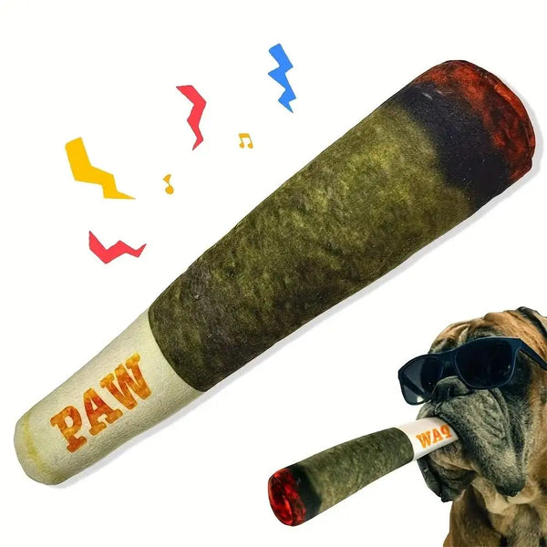 A brown dog joint chewing toy is shown next to a dog wearing sunglasses.