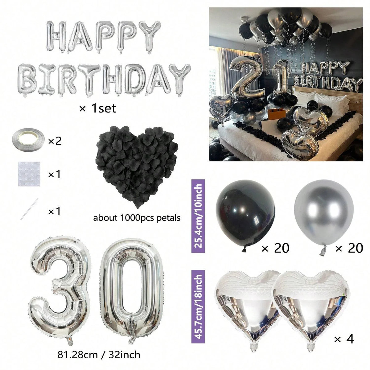 Birthday decor kit featuring silver balloons, black petals, and large number balloons for celebrations