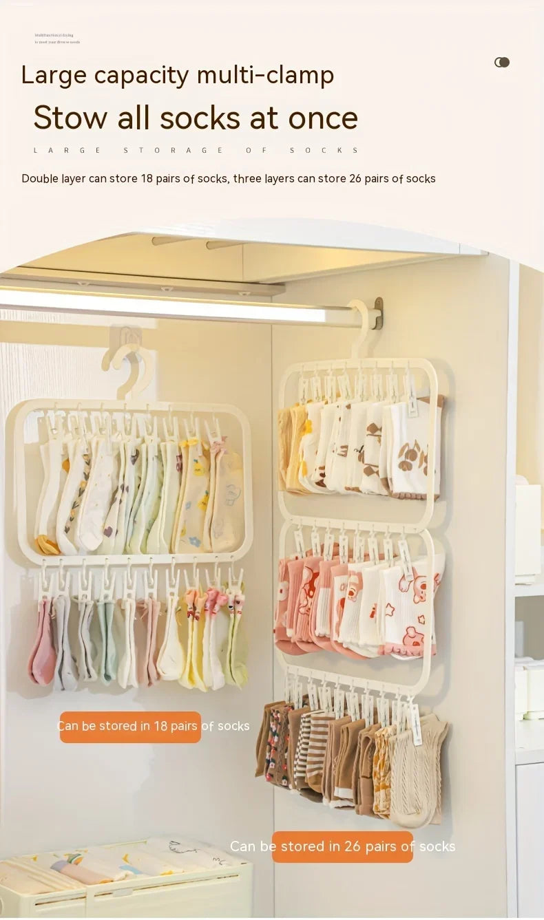 A large capacity multi-clamp storage rack for socks, showing various pairs of socks neatly organized on multiple layers.