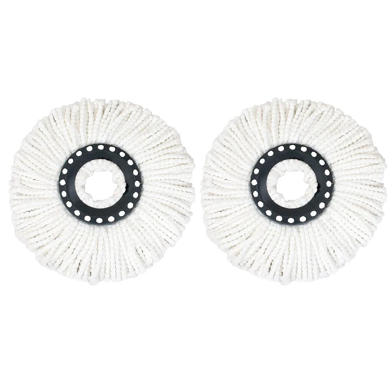 Dos cabezales de trapeador de microfibra blancos con anillos negros para limpiar.