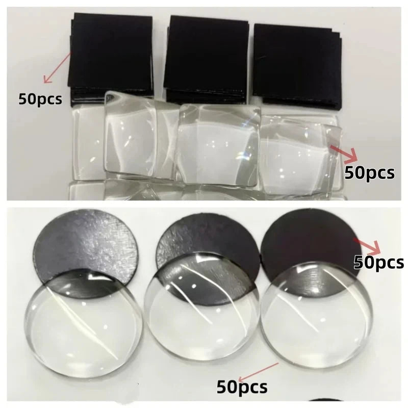 Three sets of decorative glass refrigerator magnets are shown, including black and clear glass pieces.