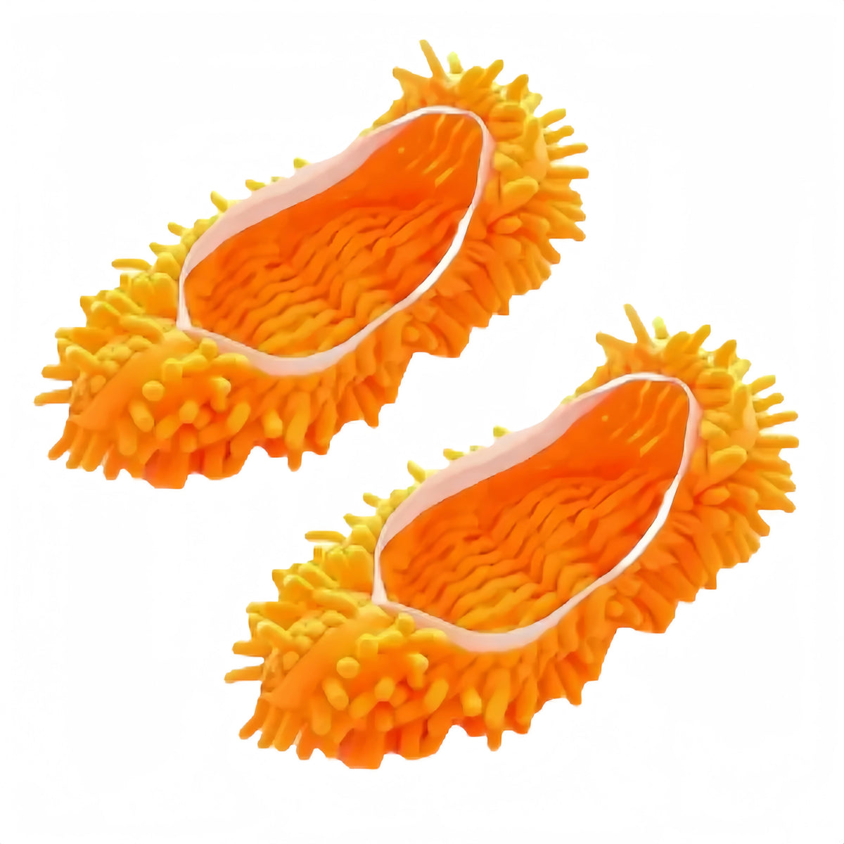 A pair of orange dust-absorbing slippers with textured, spiky soles for floor cleaning.