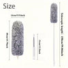 A gray microfiber duster with a telescopic extension rod shown next to its size measurements.