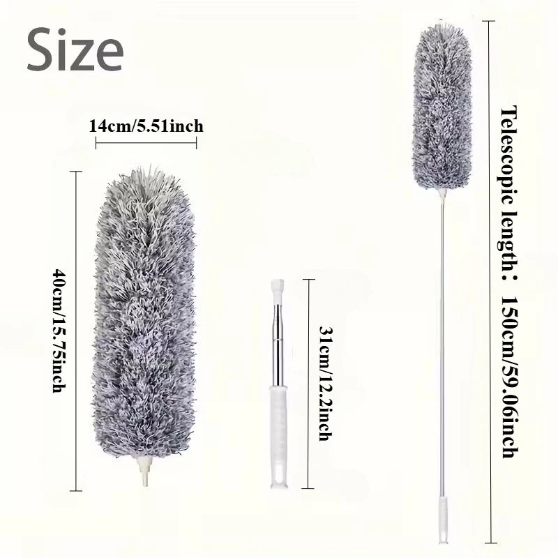 A gray microfiber duster with a telescopic extension rod shown next to its size measurements.
