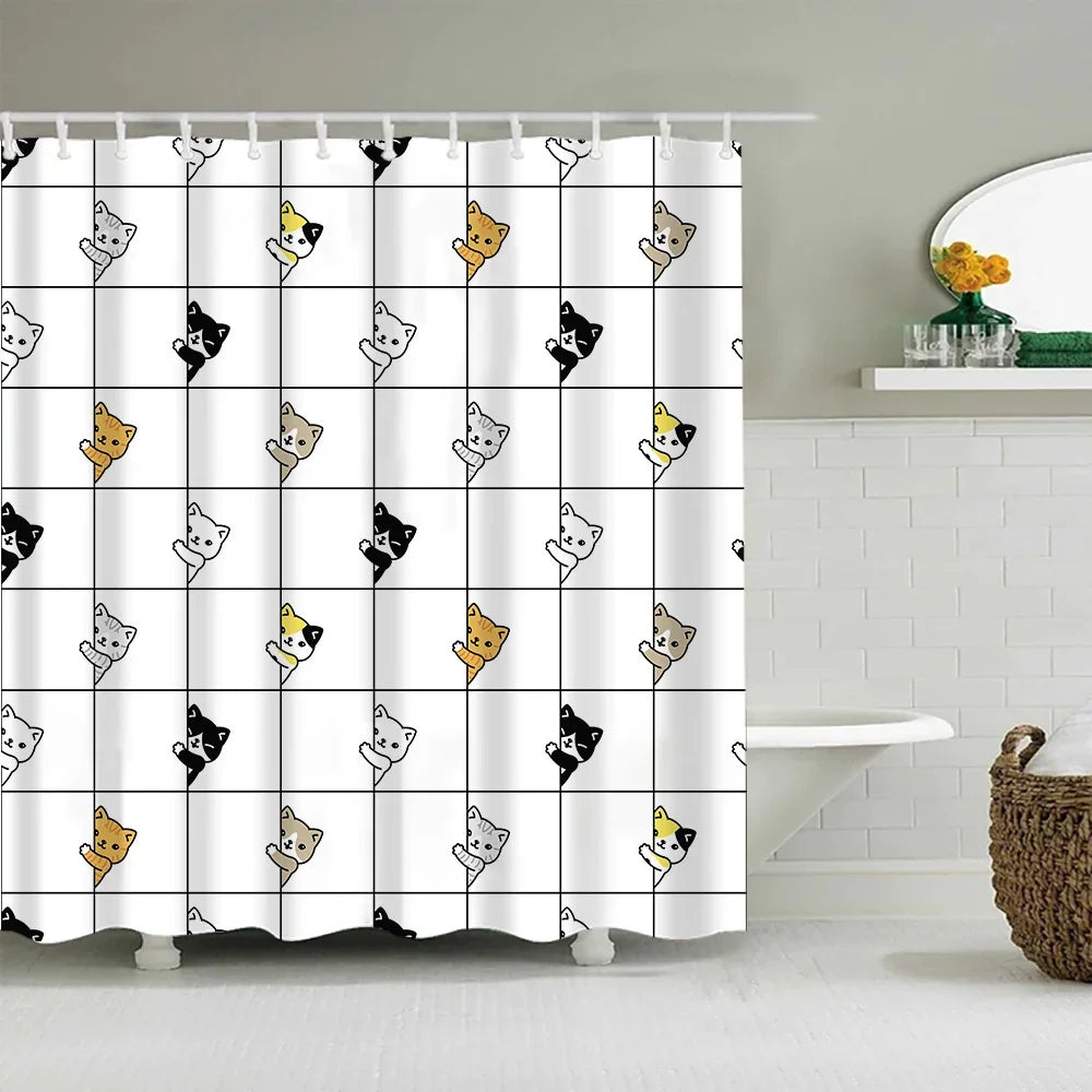 A white shower curtain featuring a repeating pattern of cute cartoon pets in yellow and black.