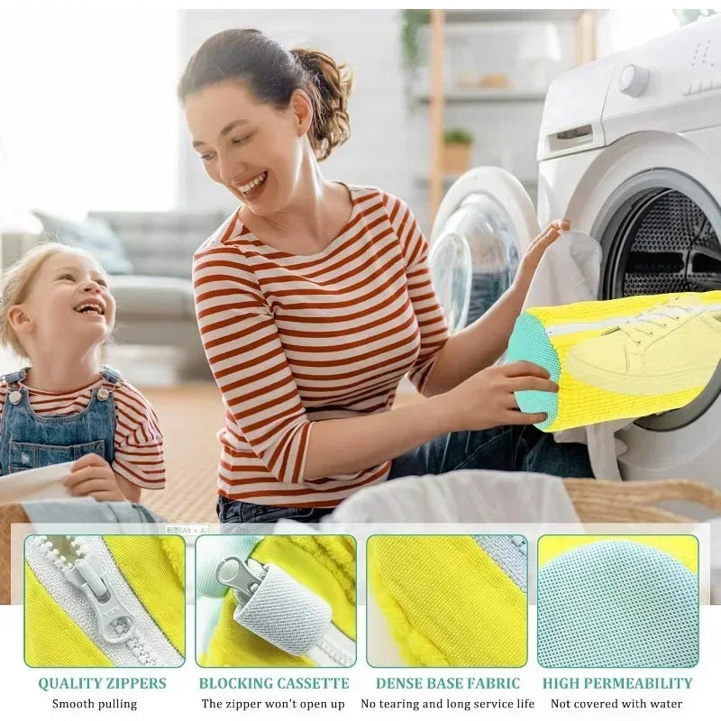 A woman is using a yellow zippered laundry bag to clean shoes while a child watches nearby.