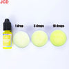 A bottle of yellow liquid candle dye next to three round discs showing 1, 5, and 10 drops of the product.