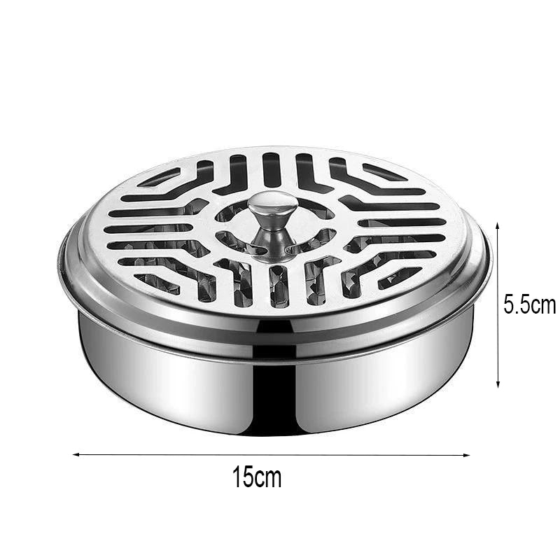 Stainless steel mosquito coil tray holder with a perforated lid and a 5.5cm height.