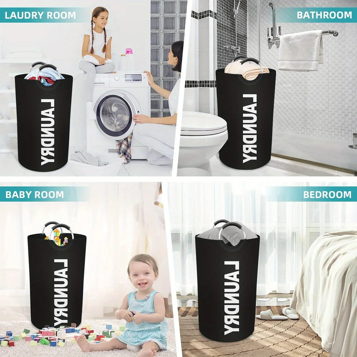 Black foldable extra-large laundry basket with padded handles used in various rooms like the laundry room, bathroom, baby roo