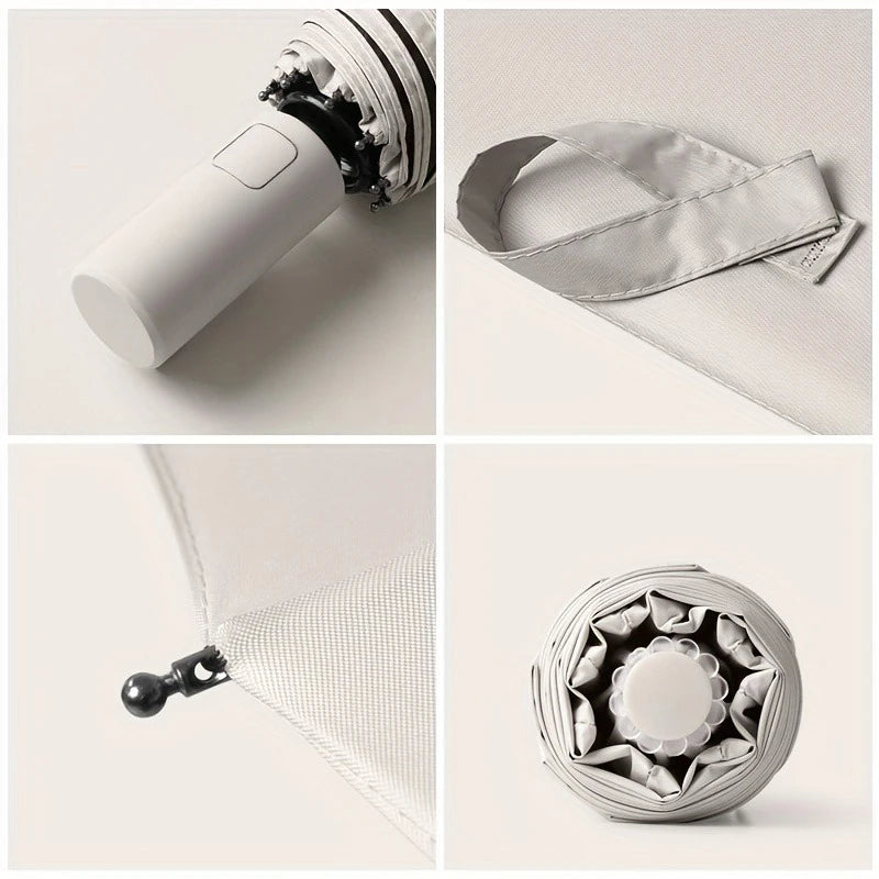 A heavy duty automatic windproof umbrella shown in various views, including a closed compact and an open, rolled-up state.