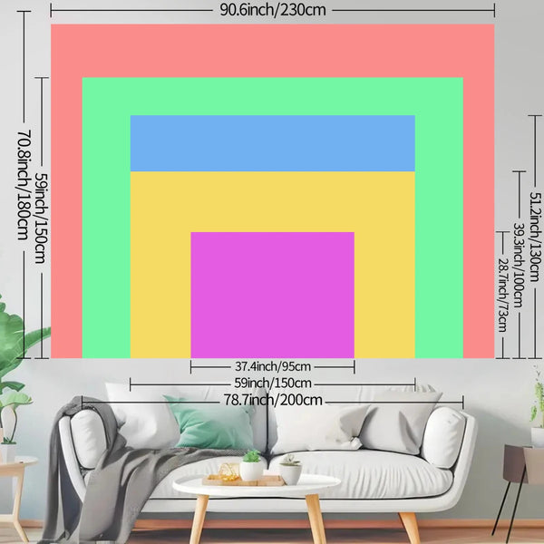 A rectangular wall tapestry featuring a gradient of pink, green, blue, and yellow colors.