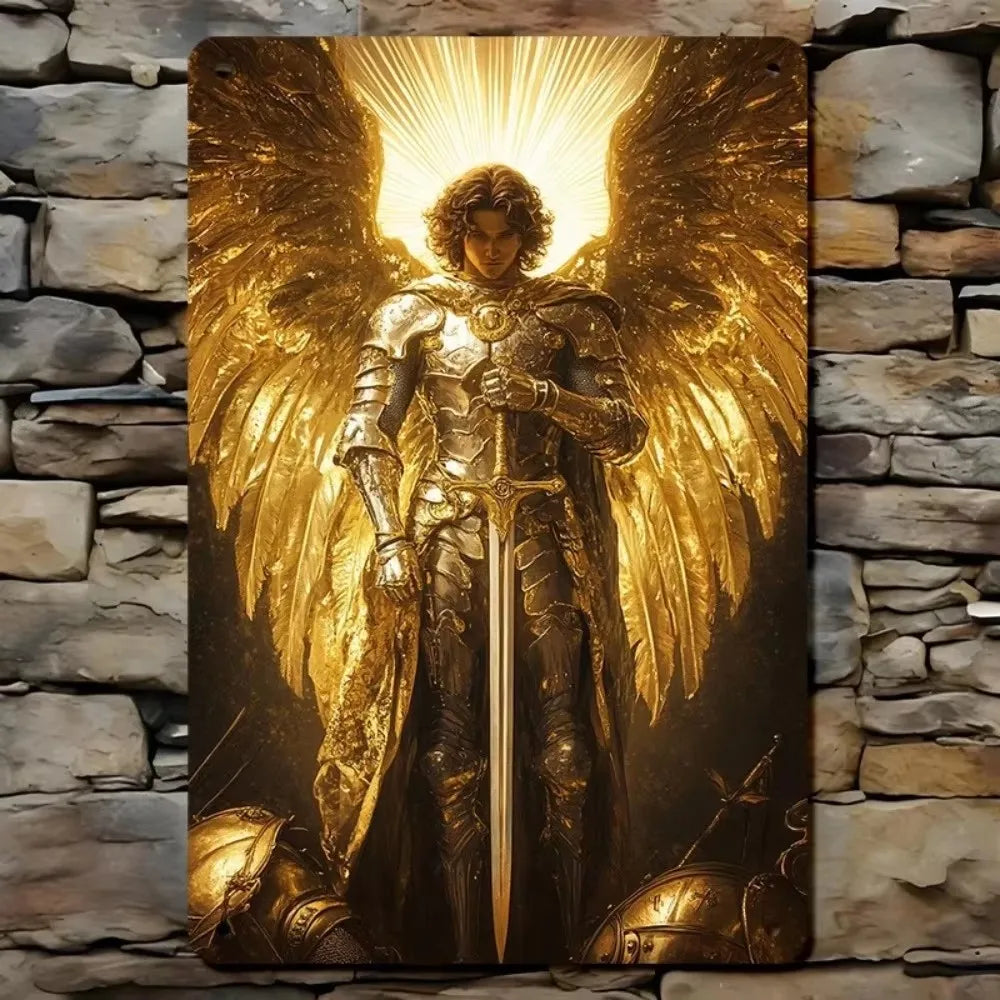 Una representación dramática de un ángel con alas doradas y armadura, contra un fondo oscuro.