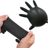 A hand is holding a black disposable nitrile cleaning glove, showing the size and texture of the glove.