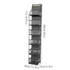 A tall, rectangular over-the-door fabric storage organizer with multiple pockets and adjustable height markings.