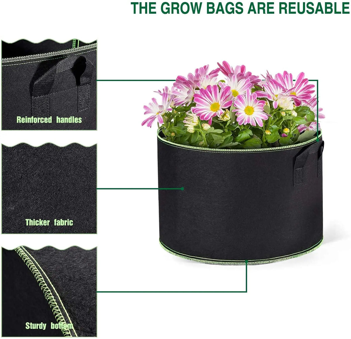 A black reusable grow bag filled with pink and white flowers, showing reinforced handles, thicker fabric, and a sturdy bottom
