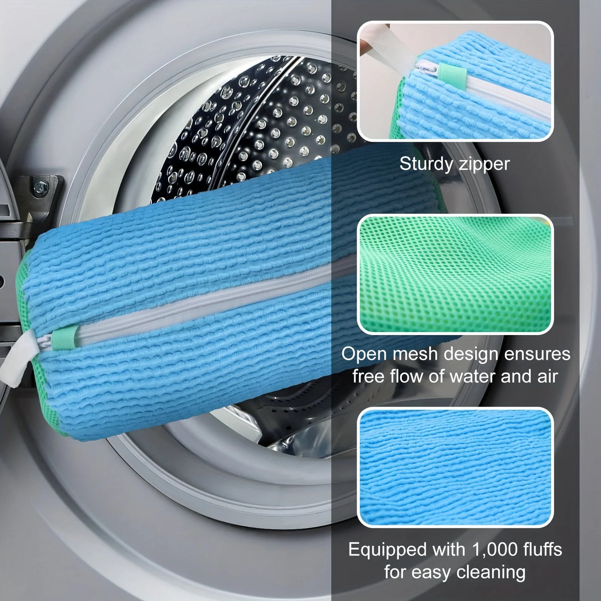 A blue mesh shoe wash bag with a sturdy zipper is shown inside a washing machine drum.
