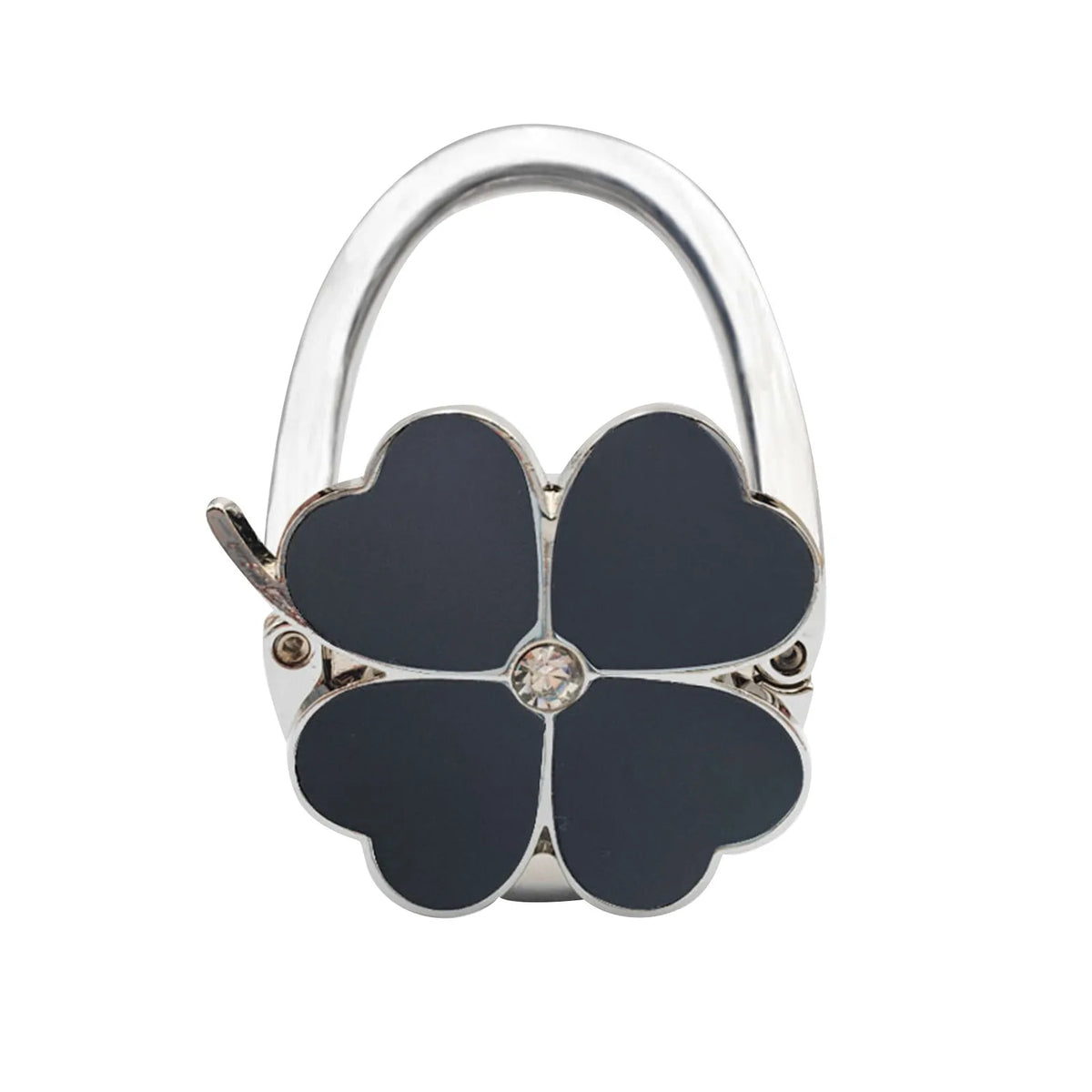 Silver foldable handbag hook with a black flower design.