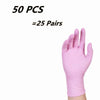 A hand wearing a pink disposable nitrile glove is shown next to text indicating 50 pieces or 25 pairs.
