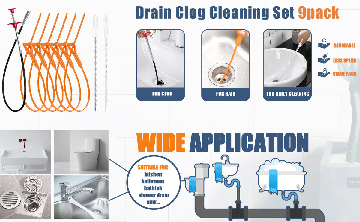 A set of nine drain clog cleaning tools including a snake, brushes, and cleaning tools for various plumbing applications.
